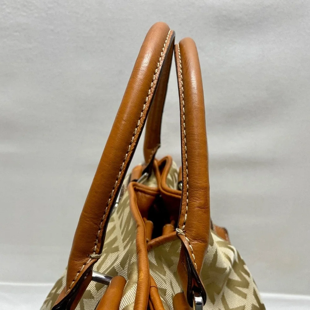 Michael Kors Brookville Large Tote Bag MK Saddle Khaki Canvas Brown Leather EUC